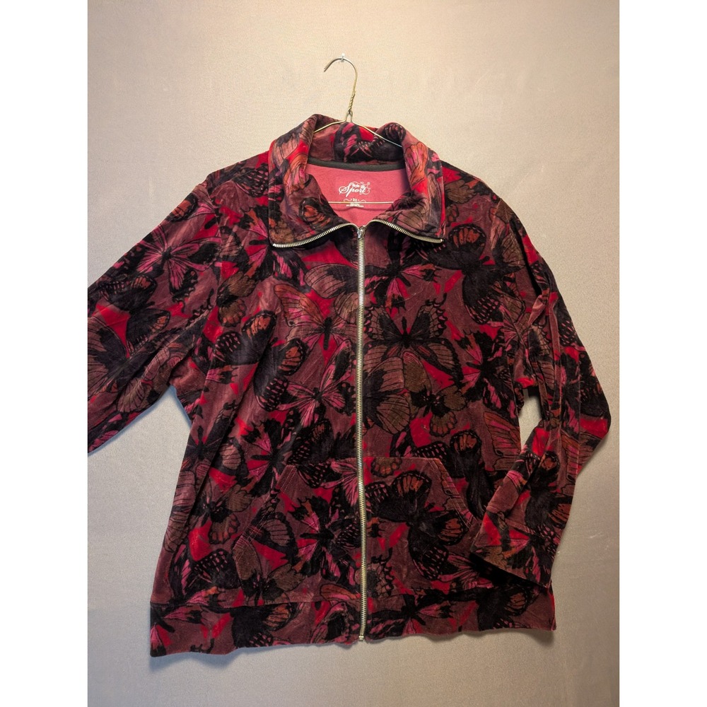 Style & Co Sport Womens 3X Velour Butterfly Print Zip Up Track Jacket Burgundy